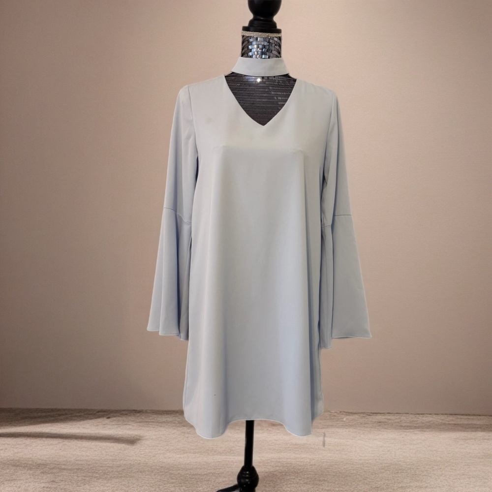 Sugar+Lips Light Blue V-Neck Bell Sleeve Shift Dress Lined 70’s Boho size Small